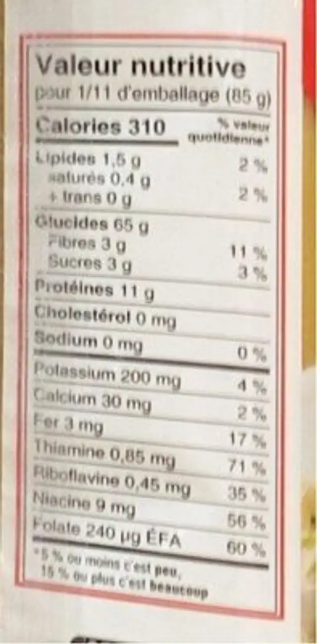 Linguine nutrition facts table