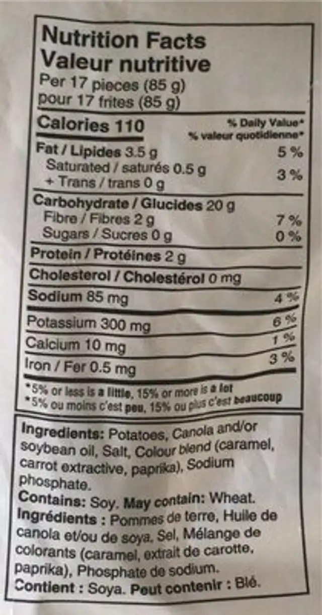 Pomme de terre frites ondulées nutrition facts table