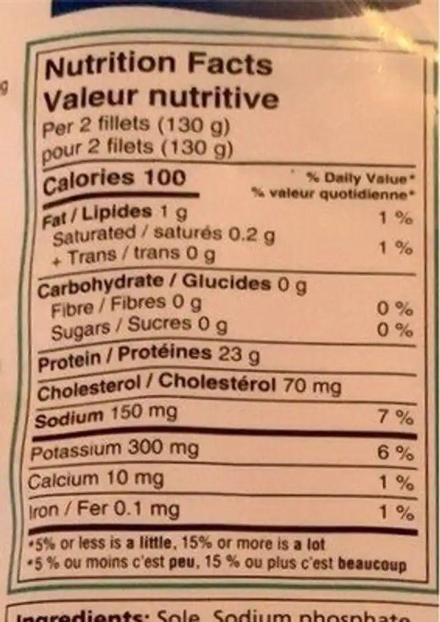 Filet de sole nutrition facts table