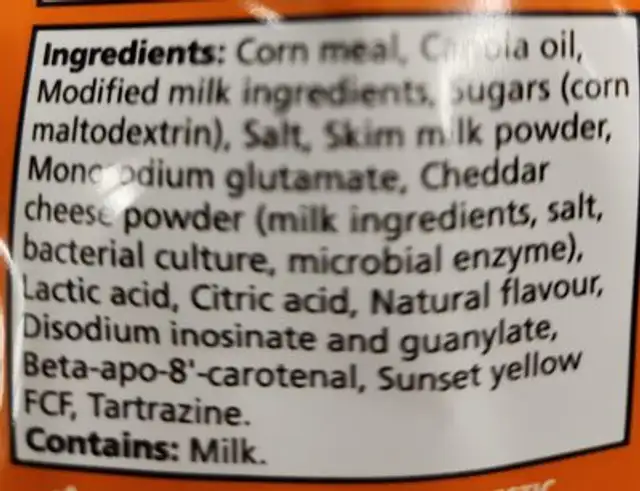 Batonnet au fromage ingredients label