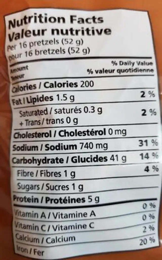 Pretzel twists nutrition facts table