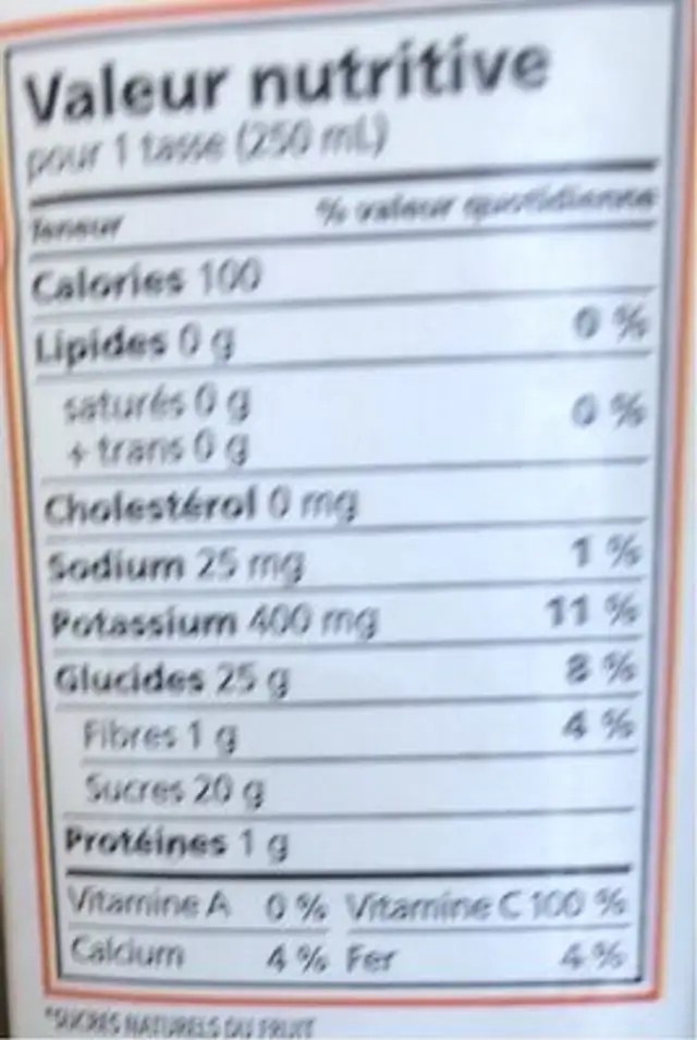 100% juice ORANGE nutrition facts table
