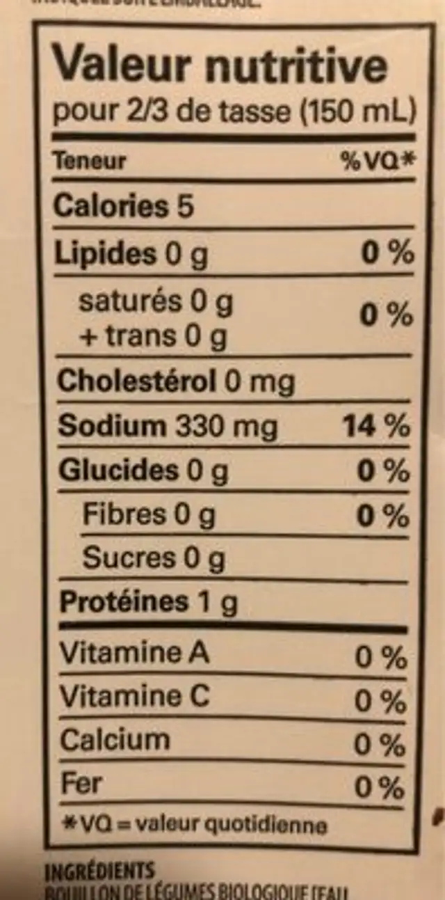 Bouillon de legumes nutrition facts table