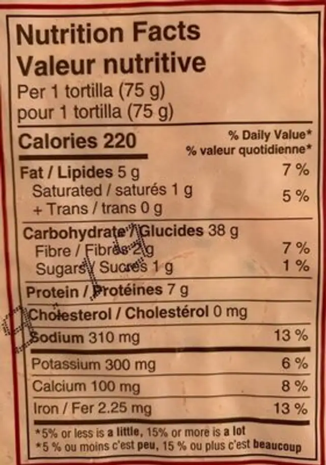 Tortillas de farine tomates séchées au soleil nutrition facts table