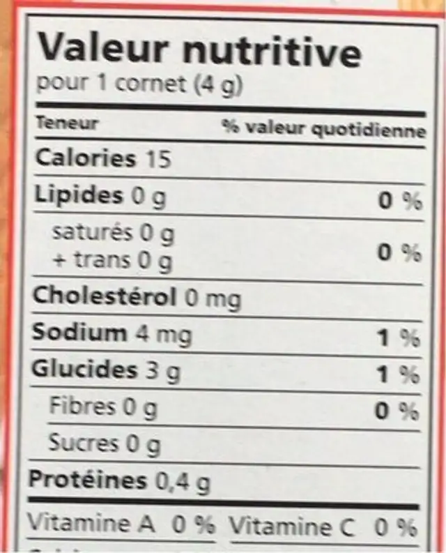 Cones nutrition facts table