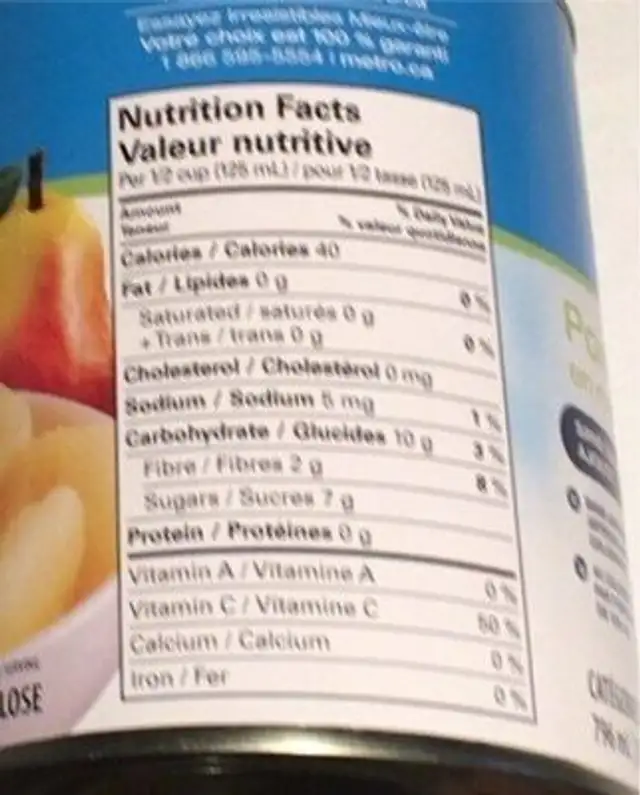 Poires bartlett nutrition facts table