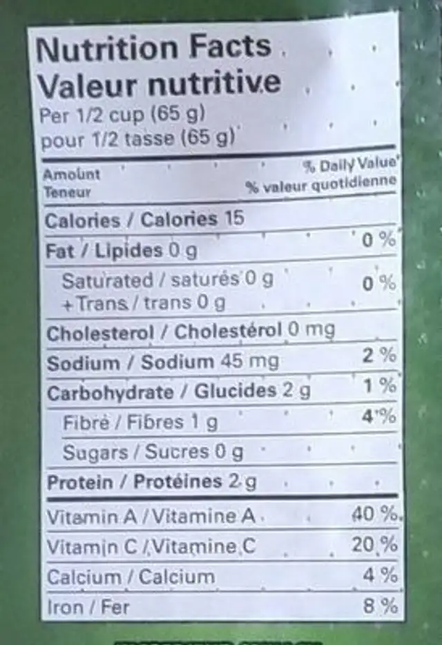 Épinards nutrition facts table