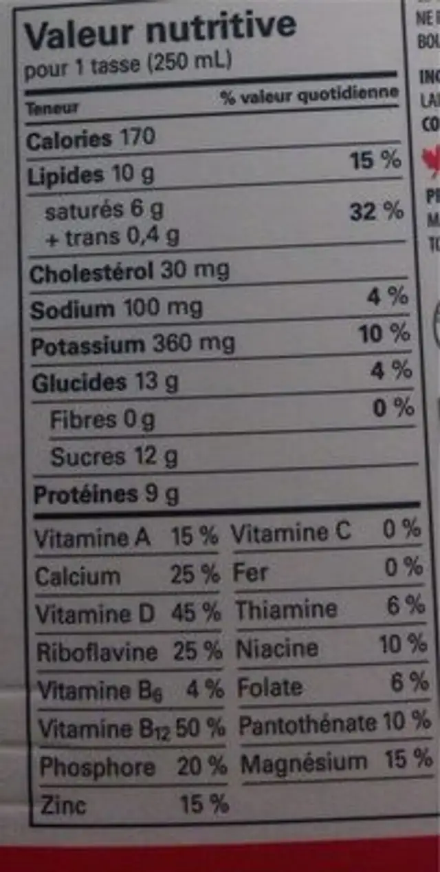 Lait biologique 3,8% nutrition facts table