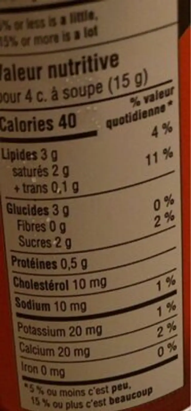 Crème fouettée nutrition facts table