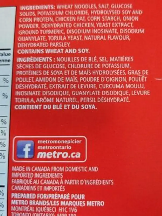 Mélange pour soupe poulet et nouilles nutrition facts table