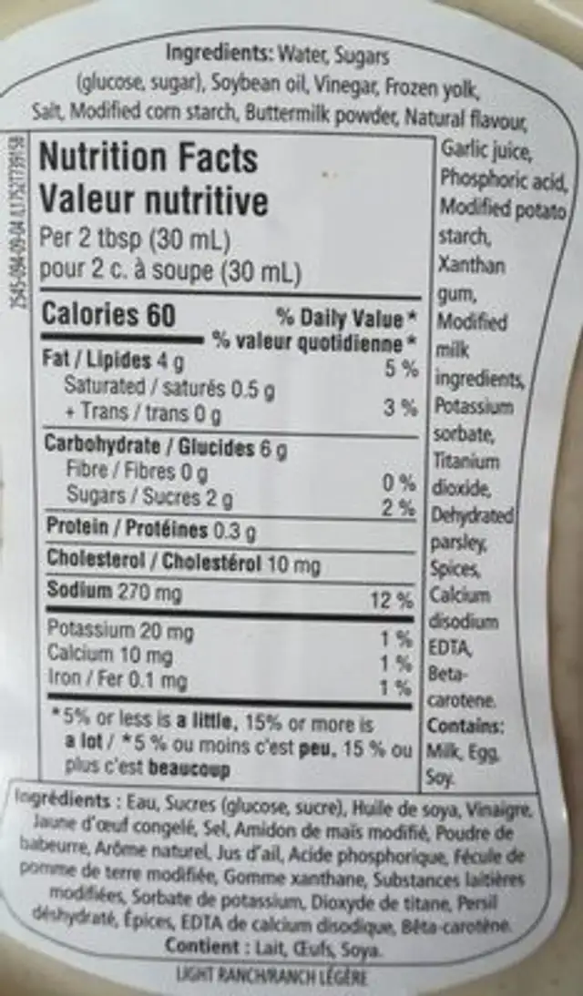 Vinaigrette ranch nutrition facts table