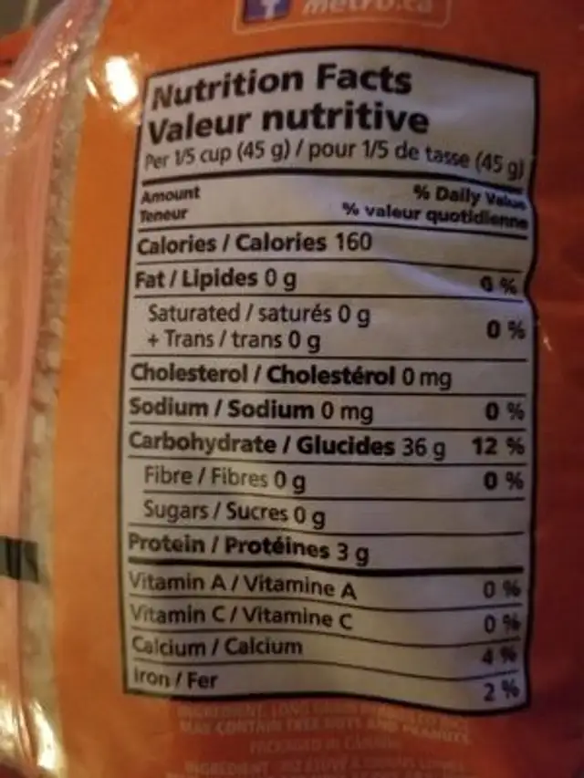 Riz étuve nutrition facts table