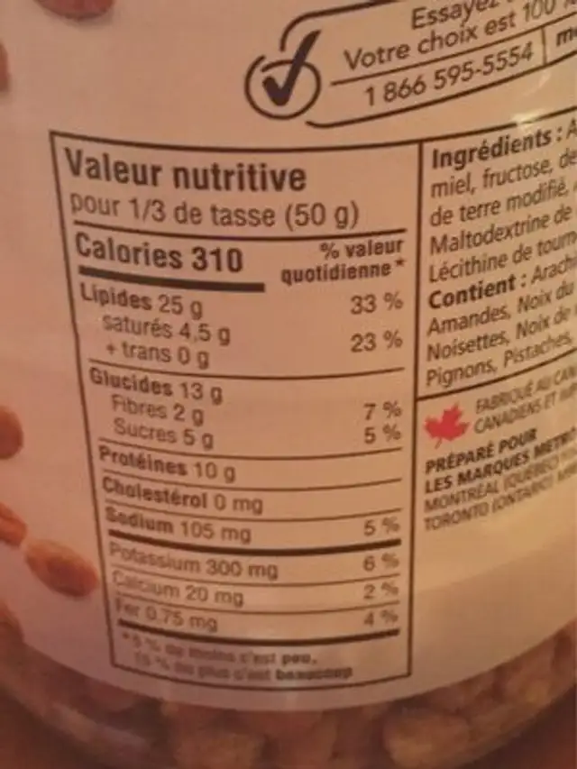 Arachides au miel nutrition facts table