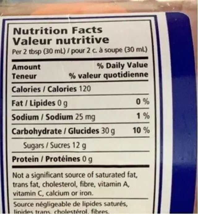 Sirop de maïs doré nutrition facts table