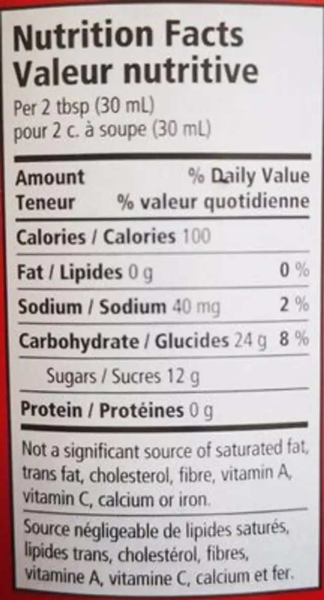 Sirop d'érable de table nutrition facts table