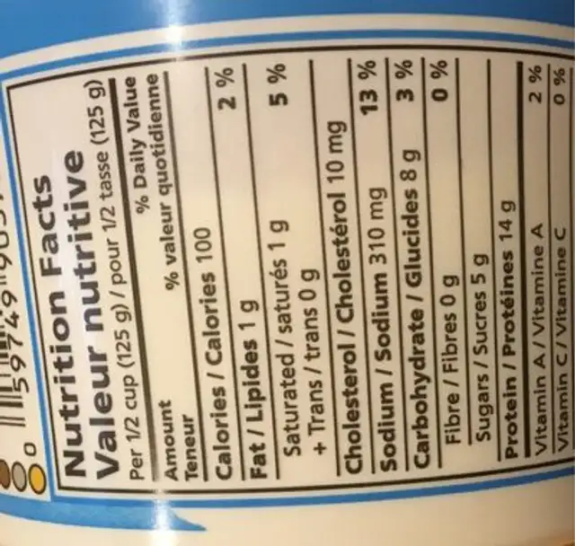Fromage cottage 1% nutrition facts table