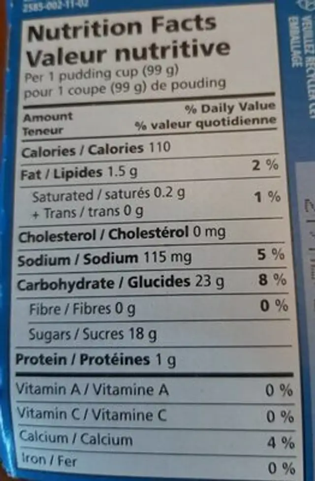 Pouding saveur de vanille nutrition facts table