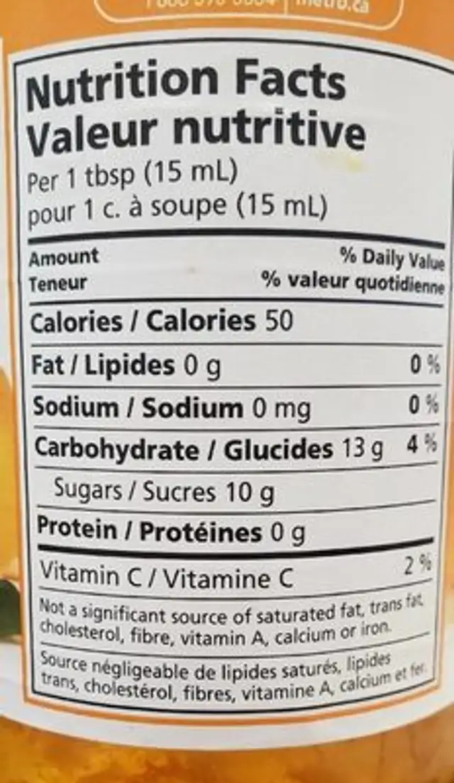 Marmelade d'Orange nutrition facts table