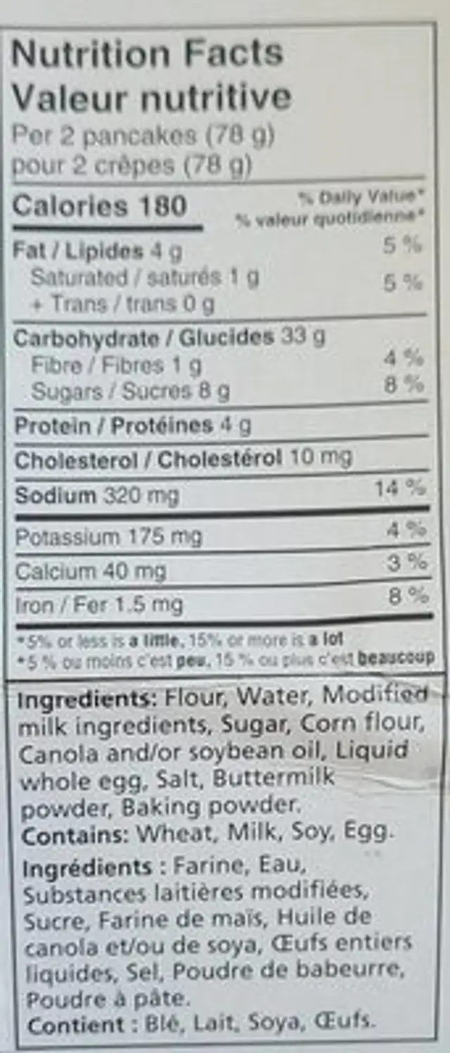 Crèpes au babeurre nutrition facts table