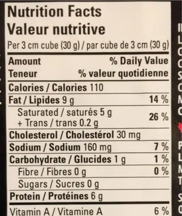 Le brie nutrition facts table