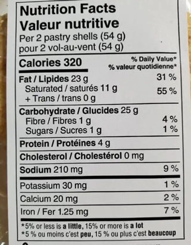 Vol-au-vent nutrition facts table
