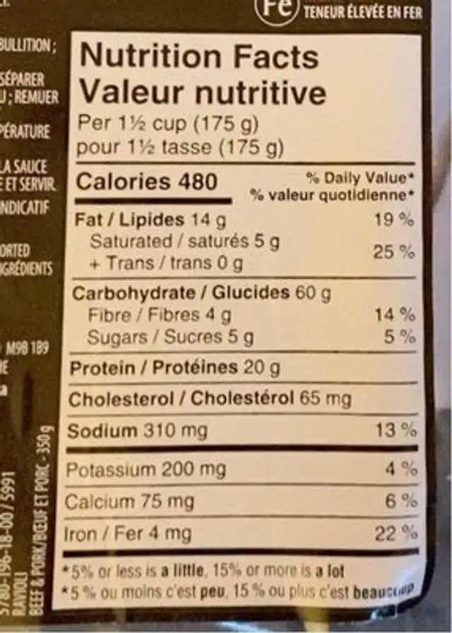 Ravioli boeuf et porc nutrition facts table