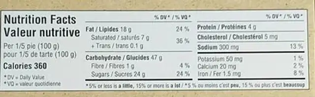 Tarte a saveur de citron nutrition facts table