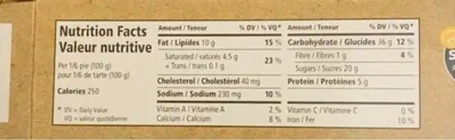 Pumpkin Pie nutrition facts table