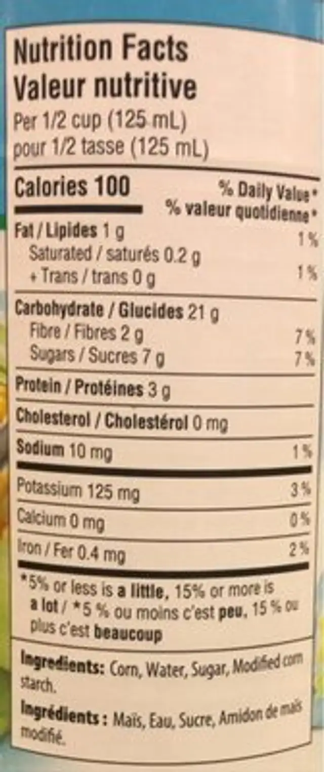 Creamy style corn nutrition facts table