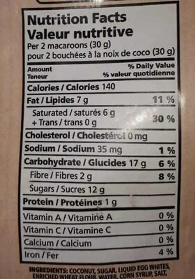Bouchées à la noix de coco nutrition facts table