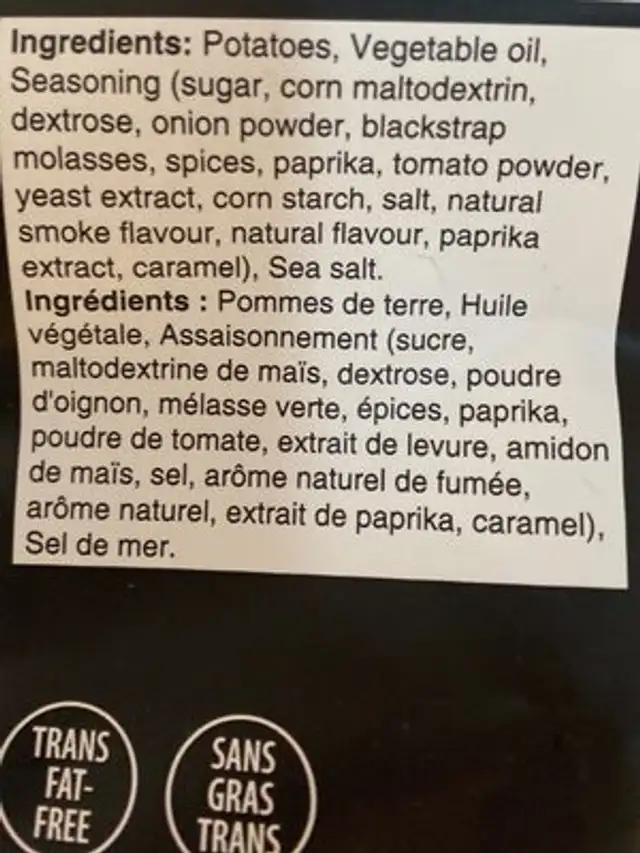chips ingredients label