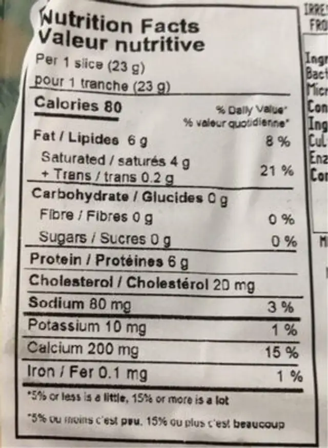 Suisse fromage tranché nutrition facts table