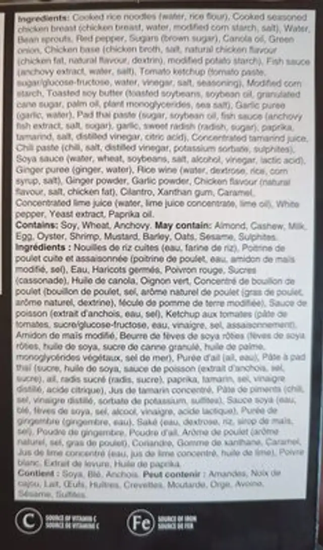 Pad thai au poulet ingredients label