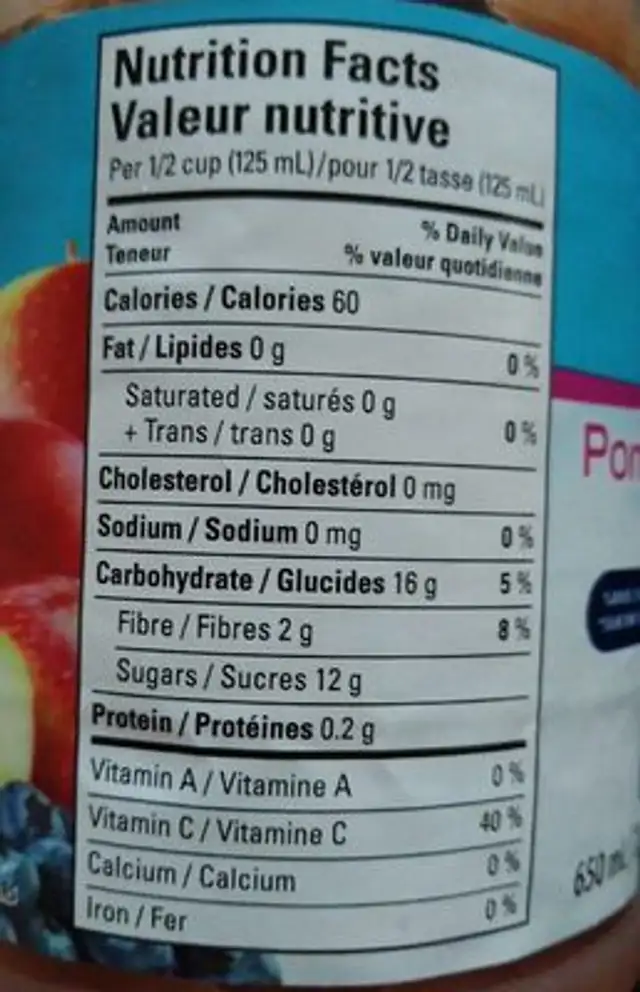 Pommes mélange de baies nutrition facts table