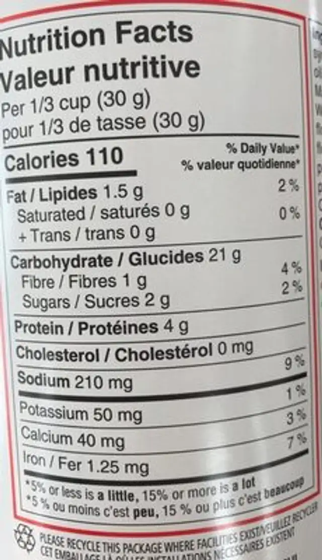 Chapelure nutrition facts table