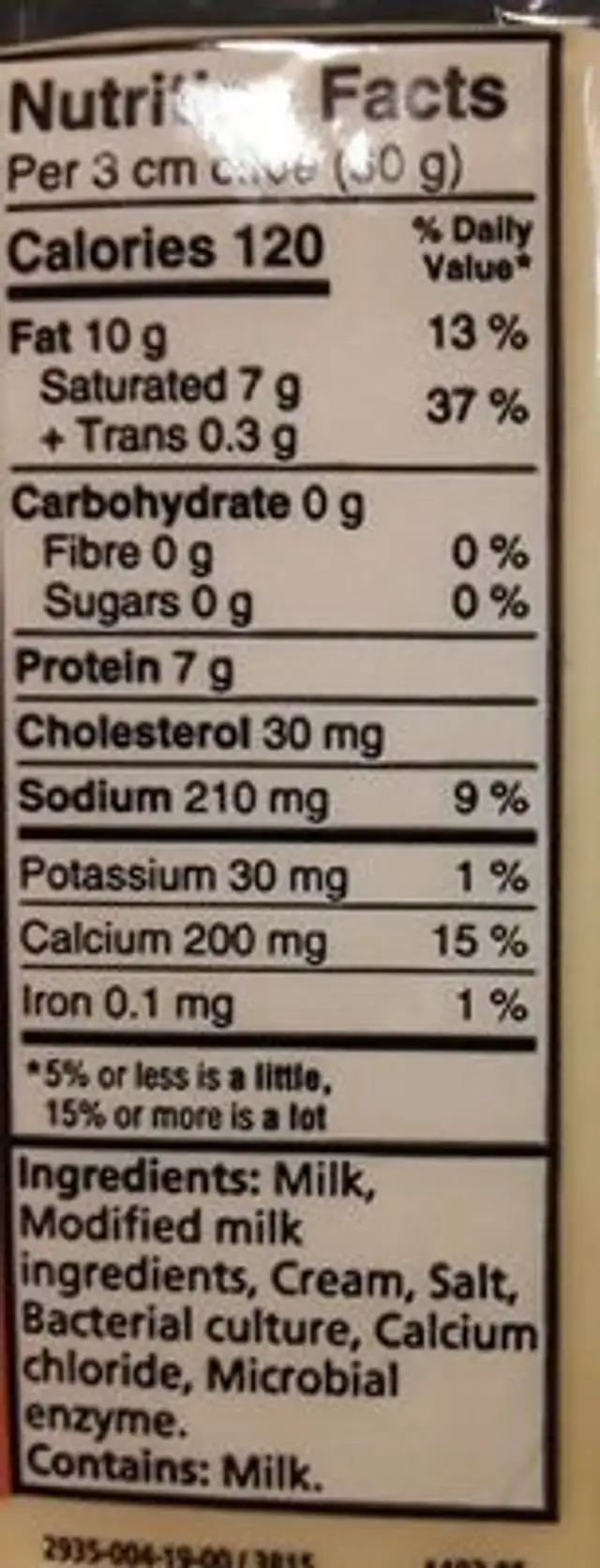 Mildiou Cheddar Doux nutrition facts table