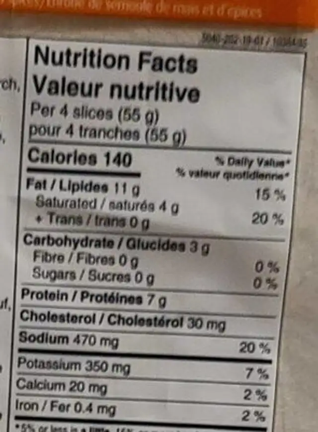 Peameal Mock Chicken nutrition facts table