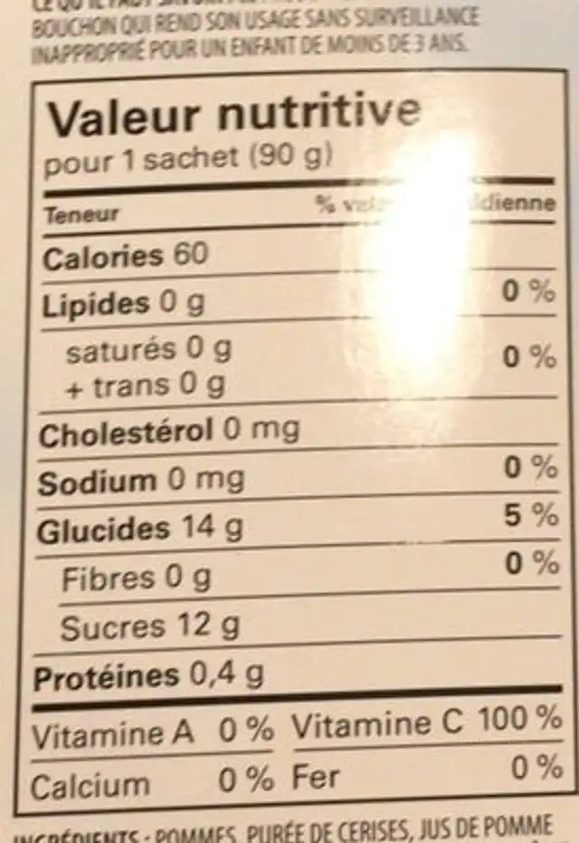 Fruit squeeze nutrition facts table