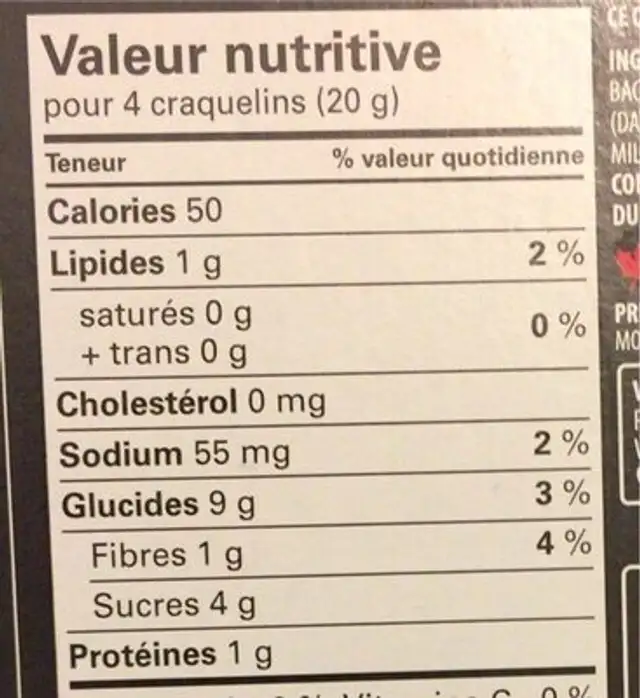 Craquelins nutrition facts table