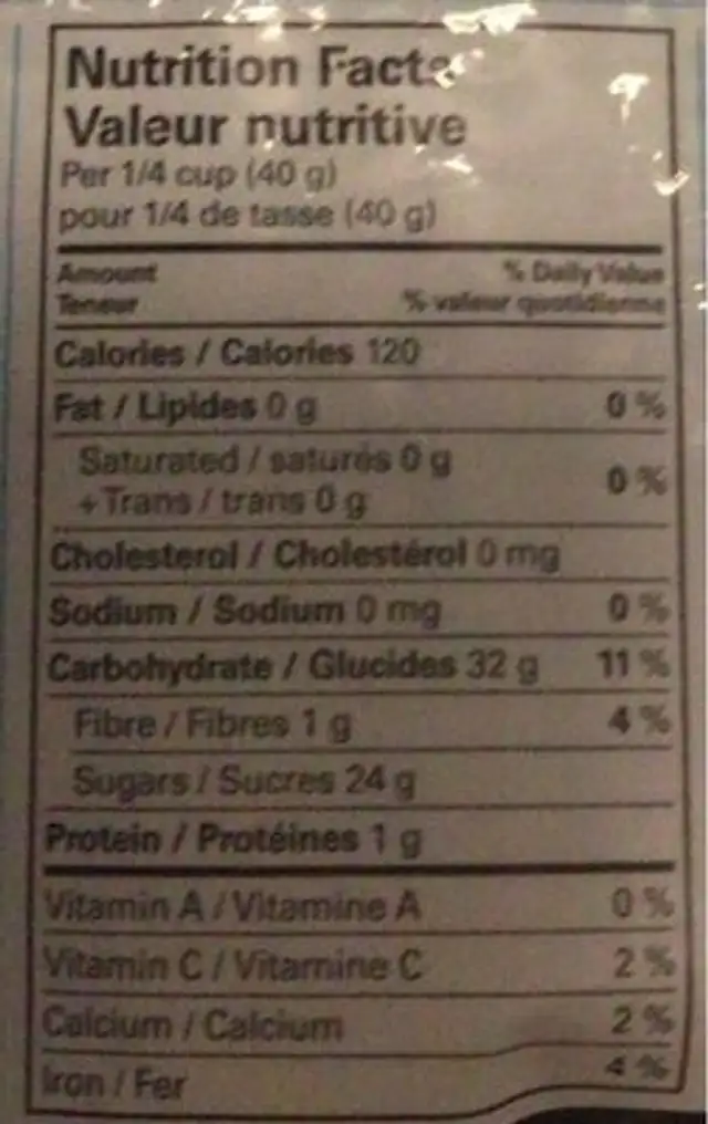 Raisins secs Thompson nutrition facts table