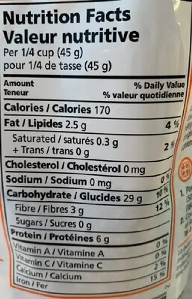 Quinoa tricolore nutrition facts table