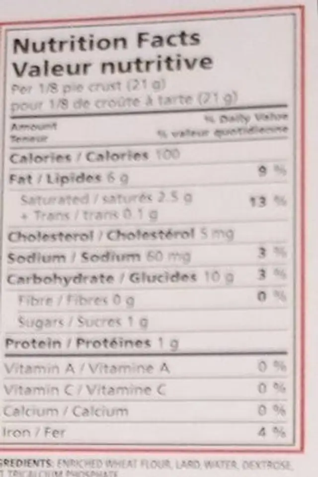 Croûte de tarte nutrition facts table
