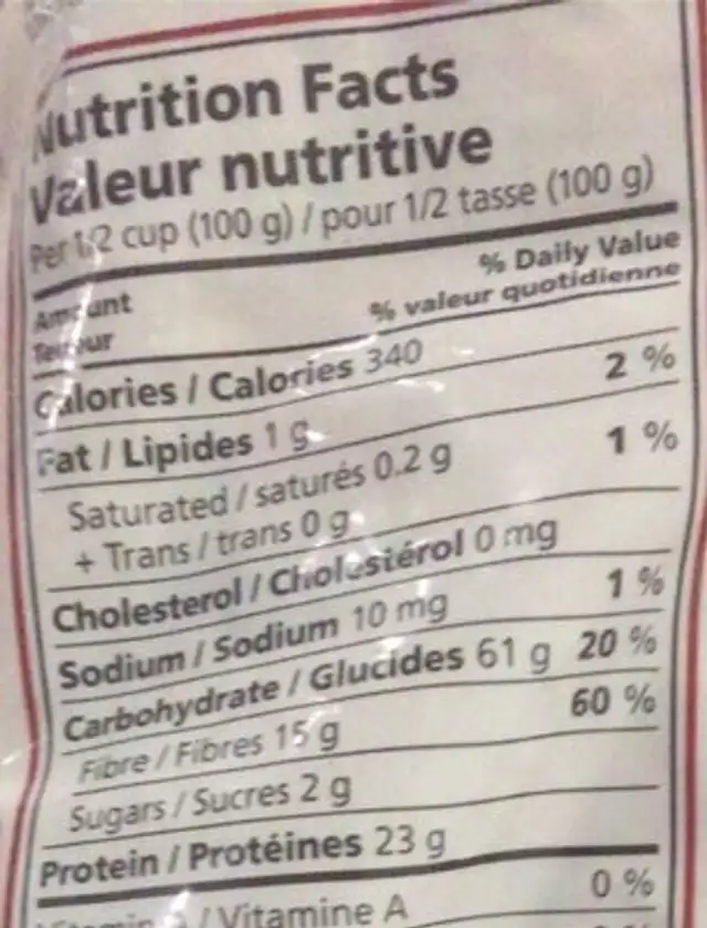 Pois rouge nutrition facts table