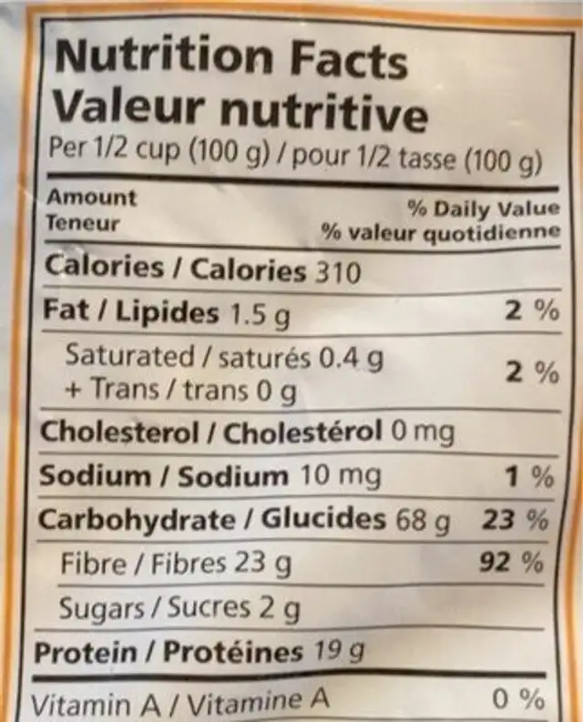 Pois jaunes entiers nutrition facts table
