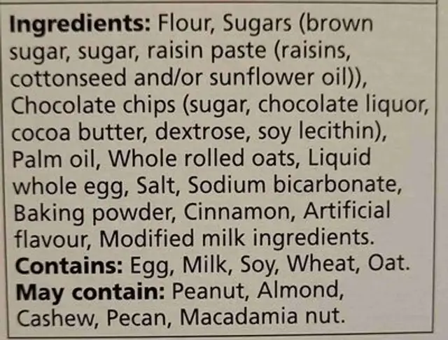 Avoine et pépites de chocolat ingredients label