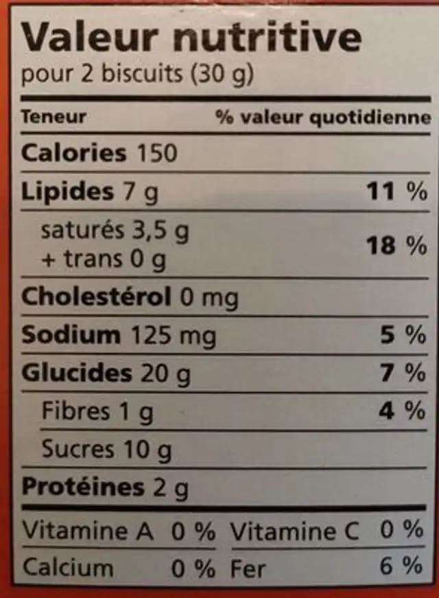 Avoine et pépites de chocolat nutrition facts table