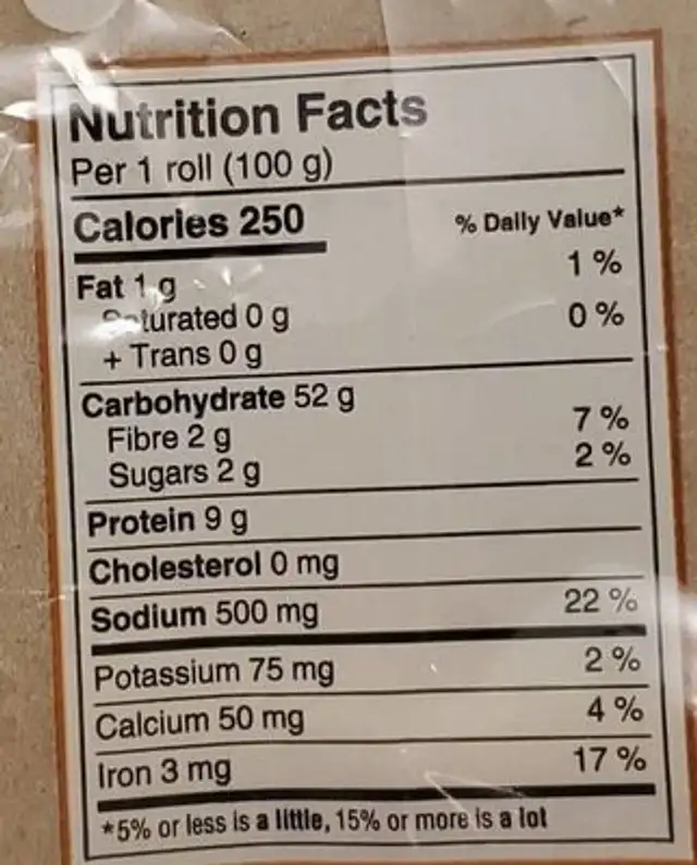 Square Ciabatta Rolls nutrition facts table