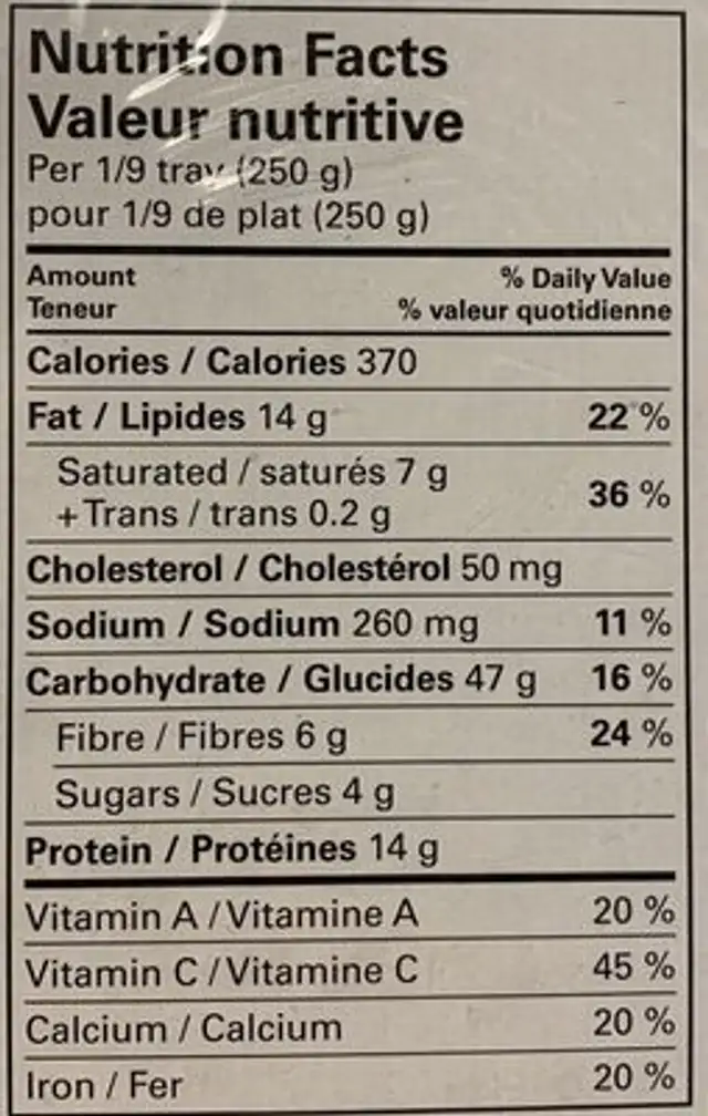 Lasagne aux legumes nutrition facts table