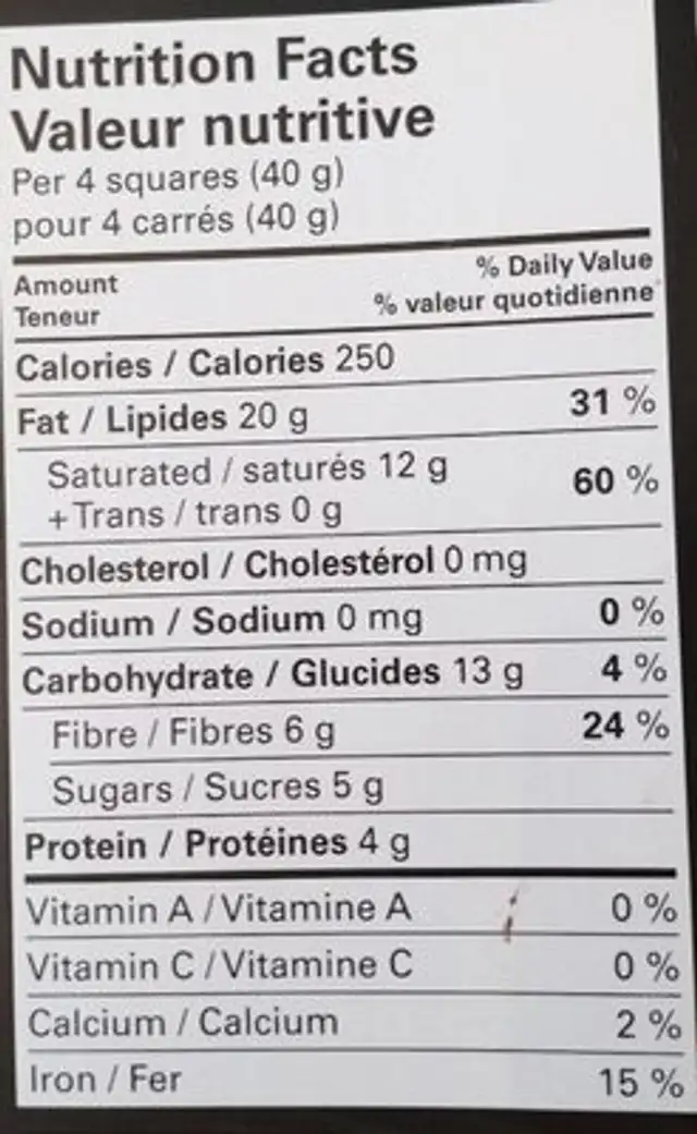 Chocolat noir 85% nutrition facts table