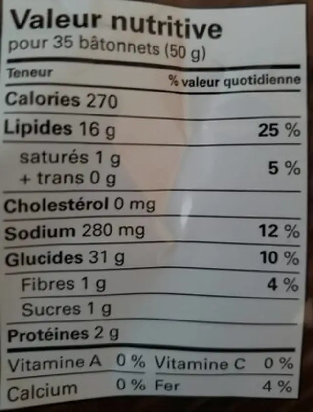 bâtonnet aux légumes classique nutrition facts table